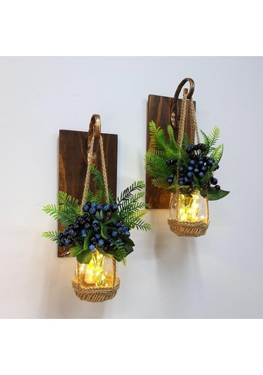 Duvar Dekoru, Led Işıklı, Mavi Kokina Çiçekli, Ceviz Aplik İkili Set