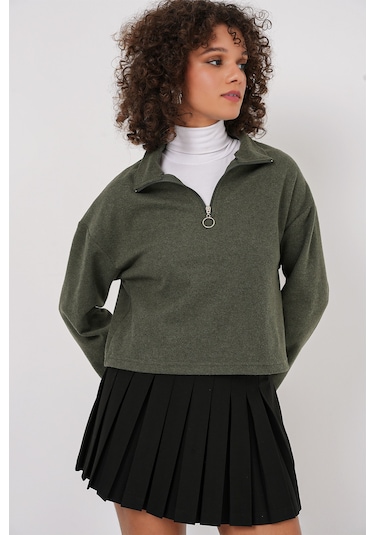 Bigdart 55449 Fermuarlı Yaka Örme Sweatshirt - Haki