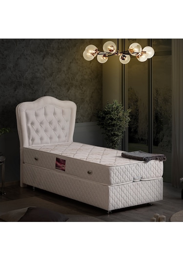 Setaymobilya Baza, Camelli Beyaz Tek Kişilik Baza + Başlık + Ortopedik Yatak