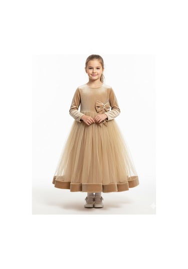 Kız Çocuk Kadife Elbise-ül Detaylı-fiyonk Süslemeli 7-12 Yaş 12441 KREM
