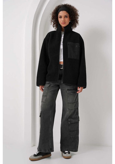 Gabria Fermuarlı Tek Cep Hırka Siyah