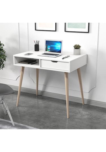 Offer Çalışma Masası, Bilgisayar Masası, Çekmeceli Kilim, Ahşap Ayak, Ev-ofis - Beyaz Beyaz