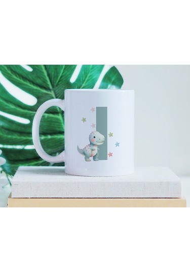 I Harfi Sevimli Dinozor Kupa Bardak - Açık Yeşil Yıldız Detaylı Dino Tasarım - Hediye Beyaz