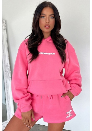 Thatsofetch Sweatshirt - Pembe Baskılı Oversize Kapüşonlu Pembe