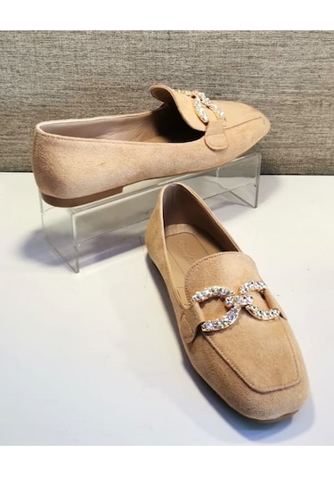 Aycan 1616 Kadın Süet Taşlı Babet Ayakkabı Süet Kum Bej