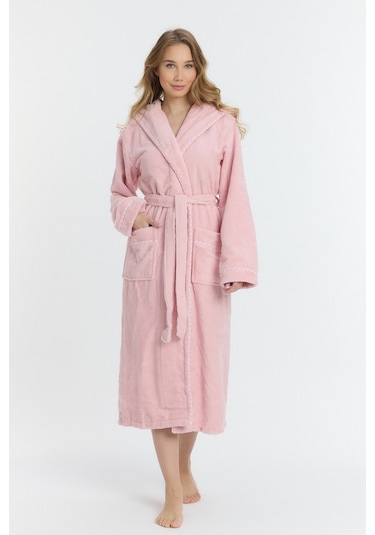 Mulberry Triga Kapüşonlu Kadın Bornozu %100 Pamuk Pembe