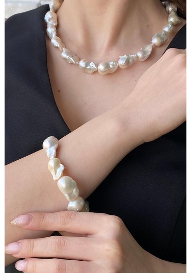 22,5 Mm Barok İnci Kolye Bileklik Küpe Üçlü Set 50 Cm / Rose Gümüş