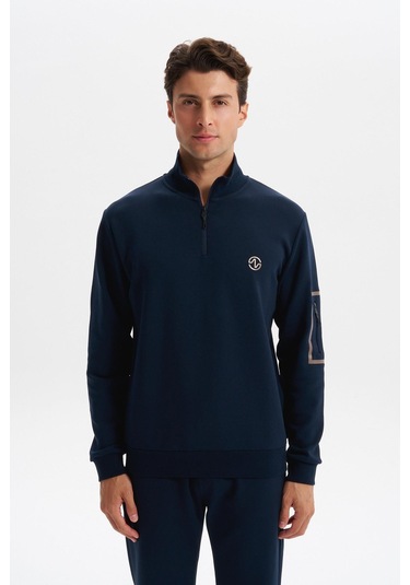 Arma Erkek Slim Fit Dik Yaka Yarım Fermuar Pamuklu Sweatshirt Sol Kol Fermuar Cepli K30404685702 Lacivert