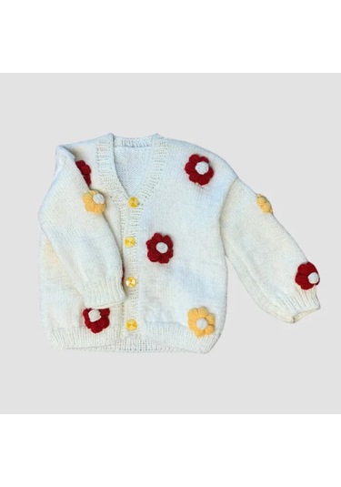 Uretti - Rukiye 7294 - El Örgüsü Çiçek Motifli Kız Çocuk Hırka 5 Yaş - Beyaz Beyaz