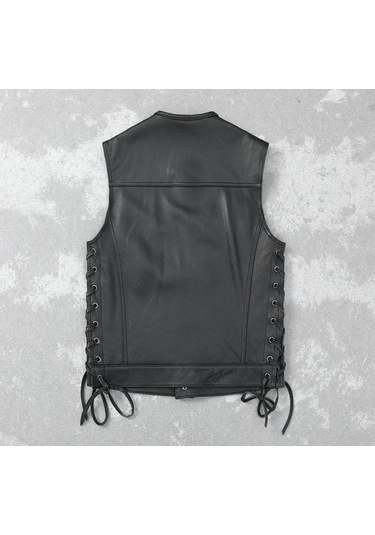 Yanları Deri Ip Bağlamalı Biker Yelek Hakiki Deri