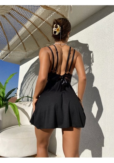 Büyük Beden Fiyonklu Gecelik Siyah