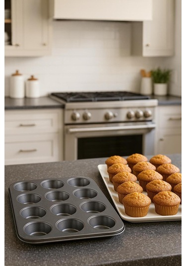 12 Li Muffin Kek Kalıbı Yapışmaz Metal Cupcake Tepsi Siyah
