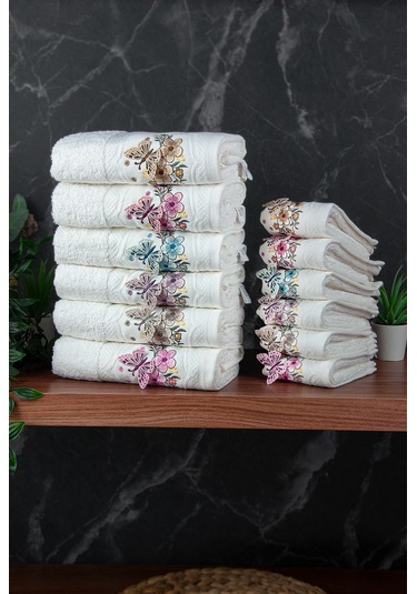 %100 Pamuklu 3d Kelebek İşlemeli 12 Li Analı Kızlı Çeyizlik Havlu Seti 50x90 Cm - 00030 Beyaz