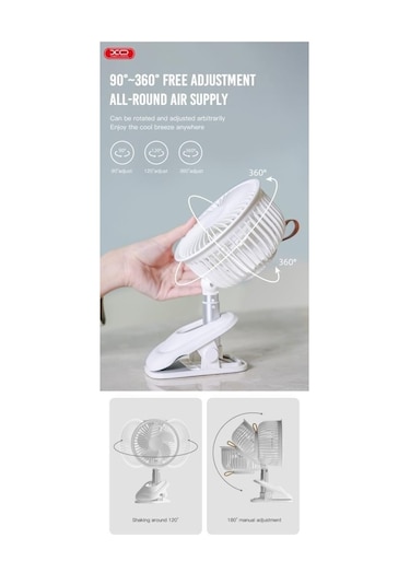 Şarjlı Mandallı 3 Kademeli Taşınabilir Mini Fan 360 Dönebilen Klipsli Vantilatör