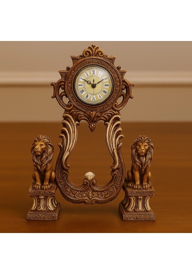 Aslan Figürlü Dekoratif Masa Saati Kraliyet Tarzı 40x28 A.kahve