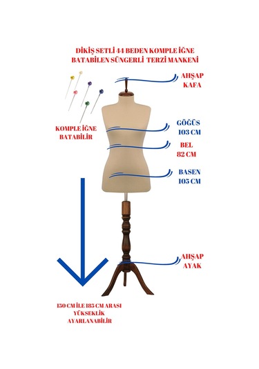 Dikiş Setli Sünger İğne Batabilen 44 Beden Terzi Prova Mankeni C