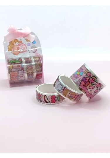 Fiyonk Çantalı Şirin Kız Ayı Tavşan Şeffaf Desenli Bant - Pembe 1