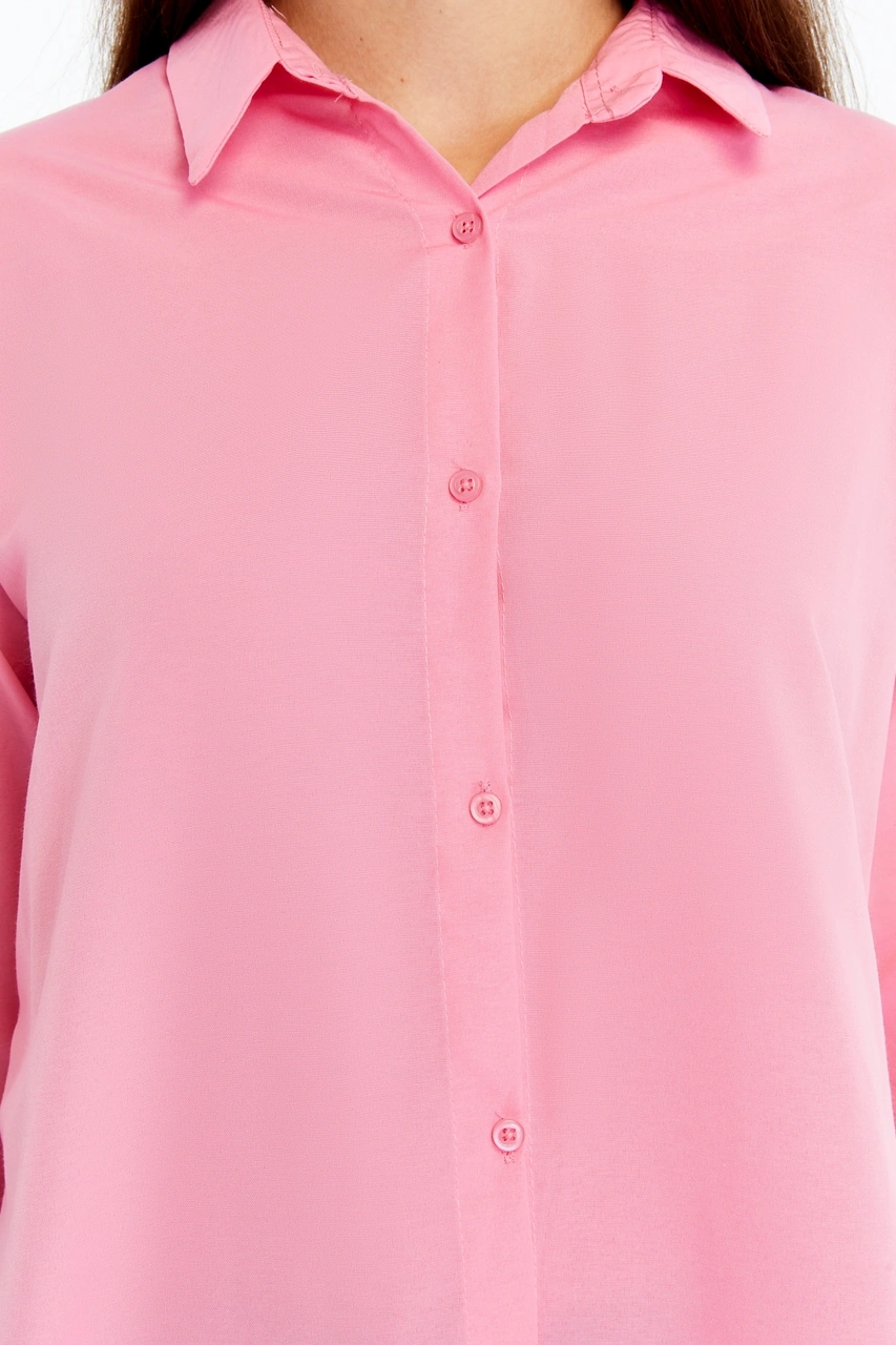 Kadın Uzun Kollu Düğmeli Basic Gömlek Pembe Rahat Kalıp Günlük & Ofis Şıklığı Pembe