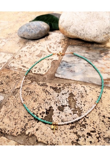 GOLD KAPLAMA YUSUFÇUK FİGÜR DETAY MAVİ BEYAZ BONCUK KOLYE-KOL114 Mavi