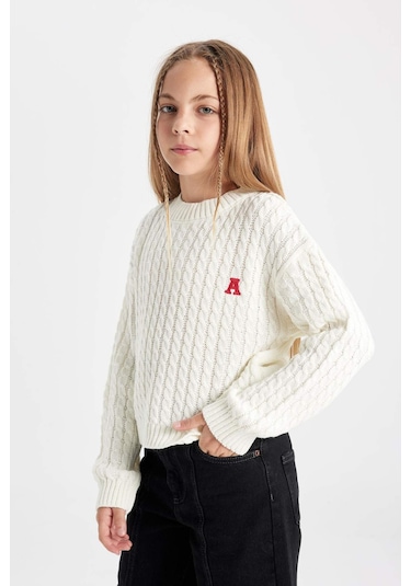 Defacto Kız Çocuk Ekru Standart Fit Bisiklet Yaka Triko Kazak C6973A824AUER233 Ekru