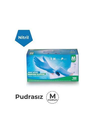 Mavi Pudrasız Nitril Muayene Eldiveni M-Has-Pet-20 Paket (Koli) 100'lü Kutu