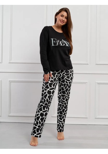 Huja Pamuklu Ev Kıyafeti Pantolonlu Pijama Takımı 320403157 Siyah