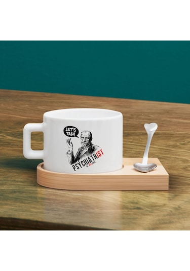 Bk Gift Kişiye Özel İsimli Psikiyatrist Tasarımlı-5, Ahşap Altlıklı Seramik Fincan, Meslek Hediyesi, Yeni İş Hediyesi Kobitmeyen137941 Bk Gift