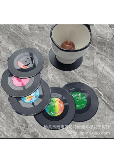 Gajeena 12 Adet Siyah Vinil Plak Desenli Yemek/çay Bardak Altlığı - Kaymazsız Isı Yalıtımı Ve Tabanlı Ev Dekor Aleti Siyah