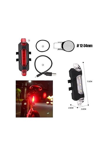 Bisiklet Işığı Led Stop Arka Ikaz Lamba Işık Usb Şarjlı 4 Mod beyaz-kırmızı ledli Gri - Siyah