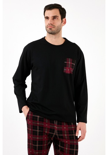 Buratti Ekoseli Cepli Beli Lastikli % 100 Pamuk Regular Fit Erkek Pijama Takımı 6572001 Siyah-Bordo