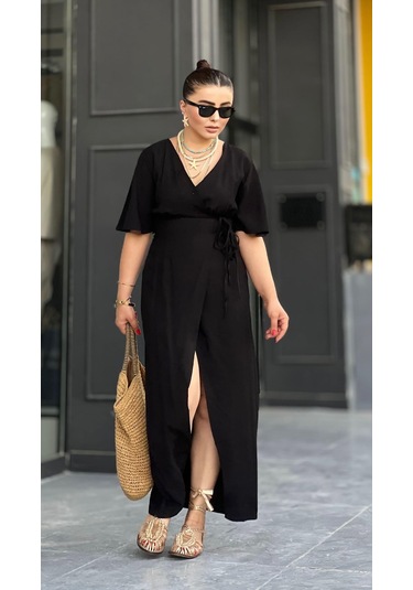 Siyah Çift Bel Bağlamalı Maxi Boy Elbise Siyah