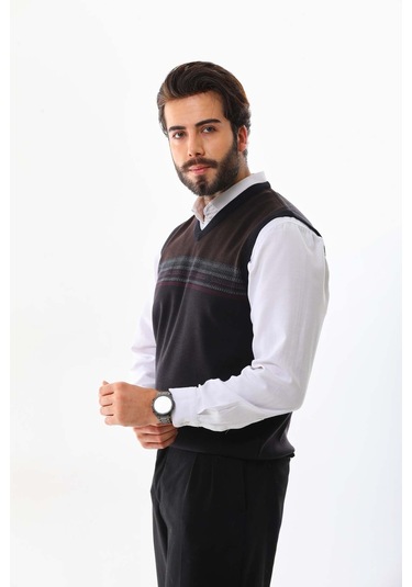 Pelikan Erkek Desenli V Yaka Süveter 9602 Kahverengi