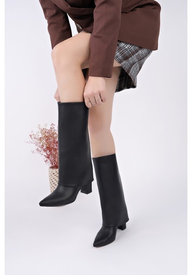 Muggo Rebeca Sivri Burun Kalın Topuklu Kadın Çizme - Siyah