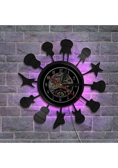 Primepickings Müzik Vinil Plak Duvar Saati -enstrüman Gitar Serisi Led Işıklı Duvar Saati -vinil Saat -oturm A