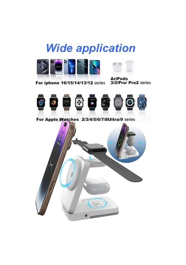 Boatshop1 Beyaz 3ü 1 Arada Katlanabilir Kablosuz Sarj Standi Magsafe Tasinabilir Seyahat Sarj Istasyonu İphone Uyumlu 16 15 14  Watch
