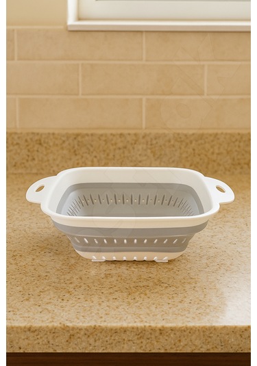 Yer Kaplamaz Katlanır Kare Süzgeç - Katlanabilir Kare Yıkama Süzgeci - Akordiyon Pirinç Süzgeci Beyaz - Gri