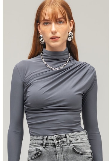 Saade Sââde Kadın Drapeli Boğazlı Uzun Kollu Örme Bluz - Slim Fit Antrasit