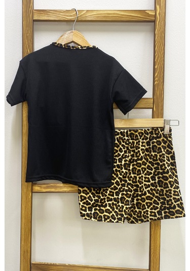 Kız Çocuk Şort Etek Takım Leopar Baskılı Fırfırlı B1 Siyah
