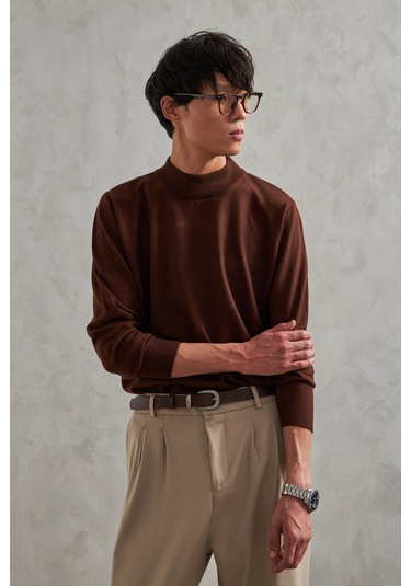 Erkek Yarım Balıkçı Oversize Basıc Triko Kazak Kahverengi