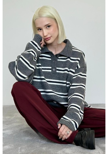 Antrasit Polo Yaka Çizgili Kadın Triko Kazak Mg2469 Antrasit