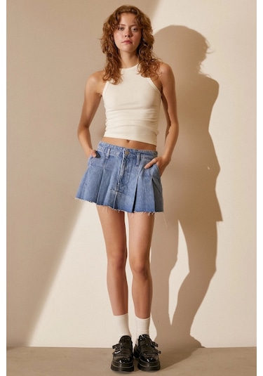 Never More Pileli Jean Mini Etek Mavi