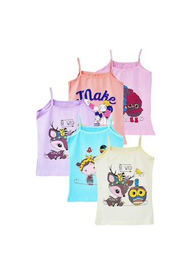 5li Kız Çocuk İp Askılı Atlet Pamuklu Baskılı Rengarenk Kaliteli