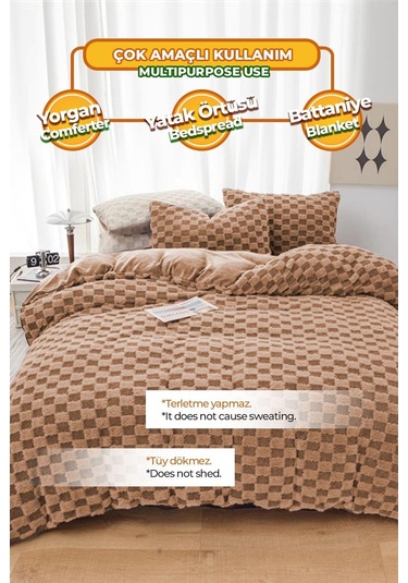 Evlen Home Çift Taraflı Kişilik Kürk Yorgan Uyku Seti Yumuşak Dolgulu Yatak Örtüsü 3 Parça Polo Kahverengi