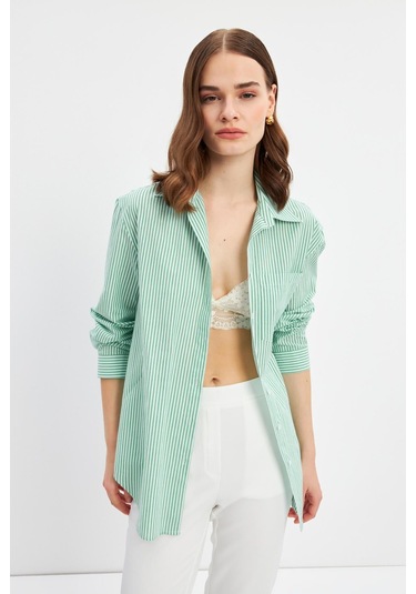 Stella Pulvis Yeşil Oversize Çizgili Tek Cep Gömlek Yeşil