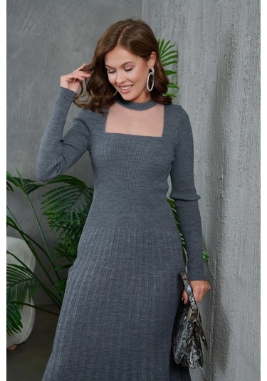 Kadın Bisiklet Yaka Tül Detay Maksi Boy Fitilli Triko Elbise Taş