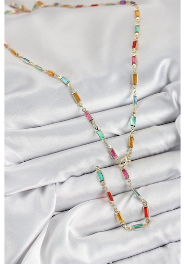 Pirinç Renkli Zirkon Taşlı Dikdörtgen Model Gold Renk Kadın Y Kolye Çok Renkli