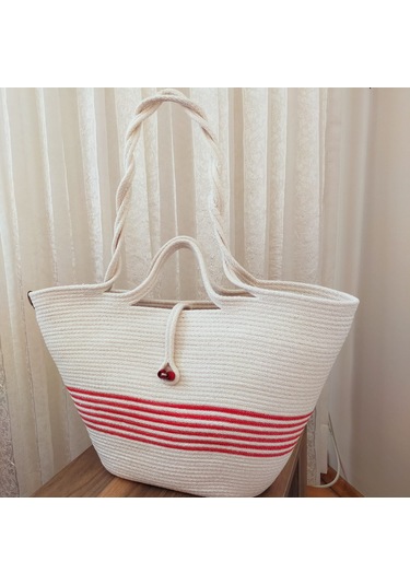Yazlık Pamuk Dokuma Kadın Omuz Çantası, Plaj Çantası Bej - Kırmızı