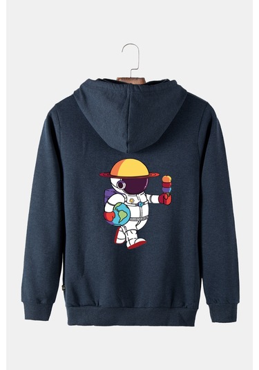 Unisex İndigo Kapüşonlu Arkası Astronot Baskılı Slim Fit Kanguru Cepli Sweatshirt Indigo
