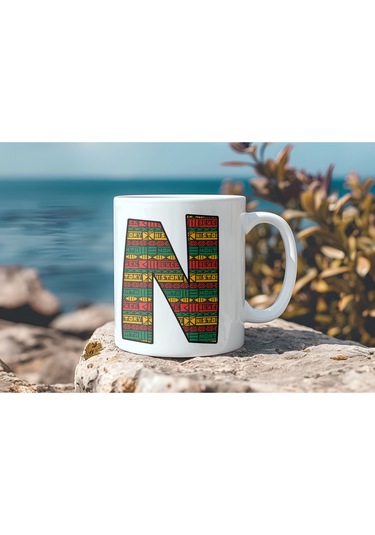 N Harfi Etnik Desenli Kupa - Afrika Tarzı Kahve Çay Kupası - Hediyelik - Black History Beyaz