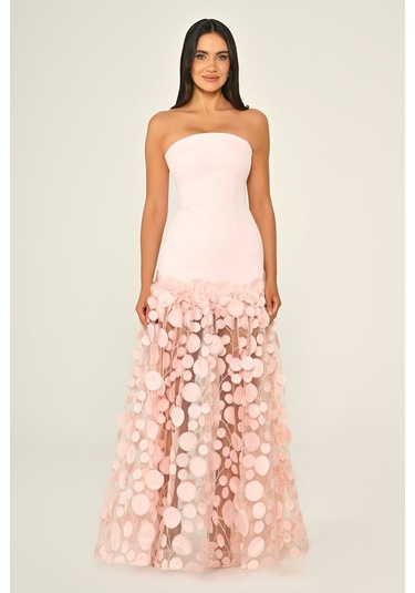 Krep Eteği 3 Boyutlu Tül Uzun Abiye Elbise Alfa Beta B7067 Pembe